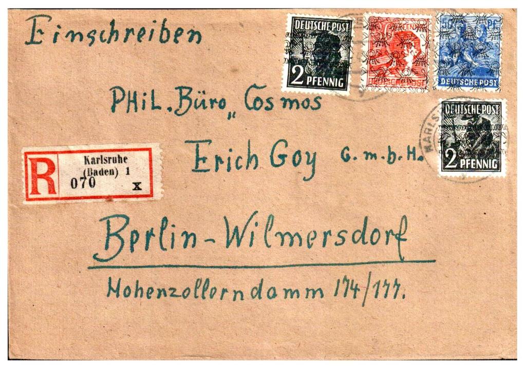 11) Einschreibebrief vom...5.1948 aus Karlsruhe / Baden. Mit 24 Pfg für den Brief und 60 Pfg für das Einschreiben = 84 Pfg ist das korrekte Porto entrichtet.