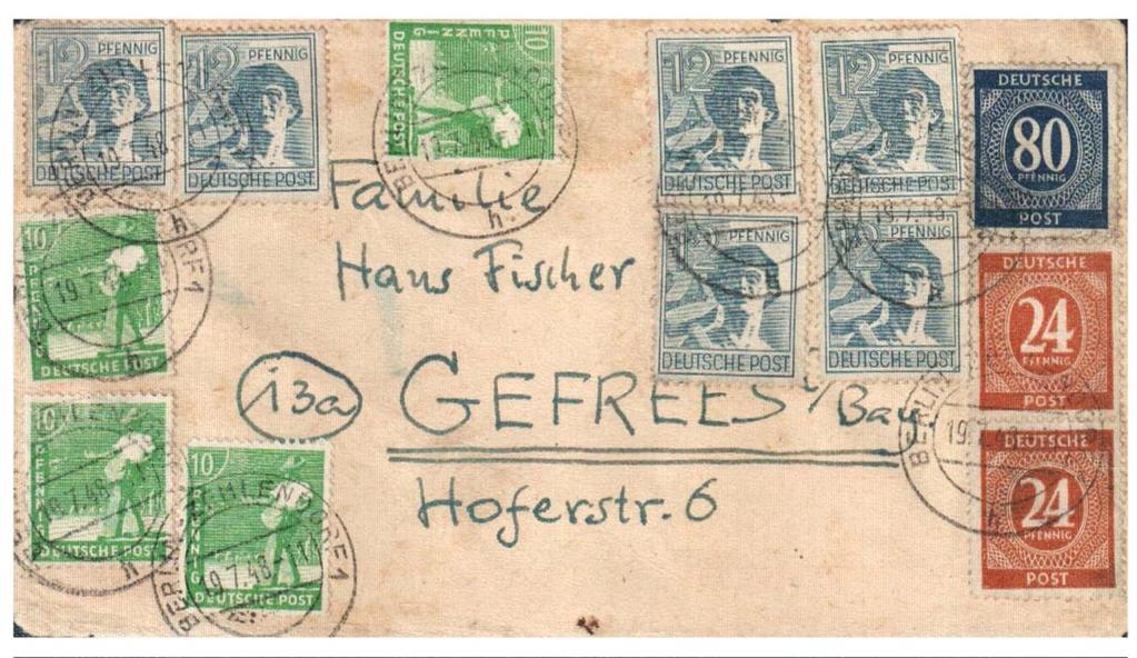 12) Brief vom 19. 7.1948 aus Berlin/Zehlendorf mit Zehnfachfrankatur aus Marken der ersten und zweiten Kontrollratsausgabe.