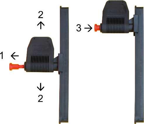 Schritt 3: Einstellung der Fußpedale Ziehen Sie den roten Knopf zur Bootsmitte (1) Dann verschieben Sie das Pedal in die gewünschte Richtung (2) Anschließend lassen Sie den roten Knopf wieder