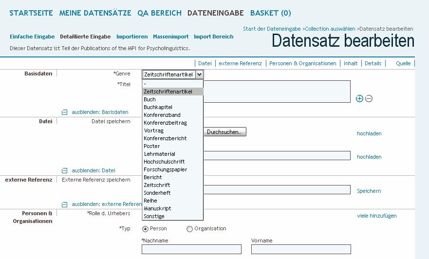 PubMan Metadaten Genre-spezifische Eingabemaske alle Metadaten einer Publikation