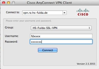 Tragen Sie in das Feld Connect to: den VPN-Server vpn.rz.hs-fulda.de ein und treffen Sie im Feld Group die Auswahl HS-Fulda-SSL-VPN.