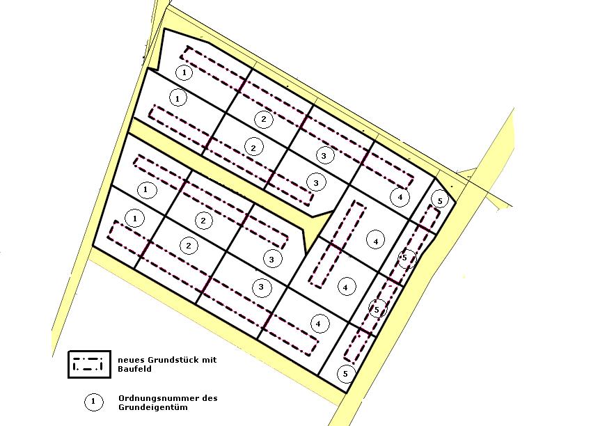 Umlegungskarte Die neuen Grundstückszuschnitte nach erfolgter Umlegung erlauben eine Nutzung gemäß den Festsetzungen des B-Planes.