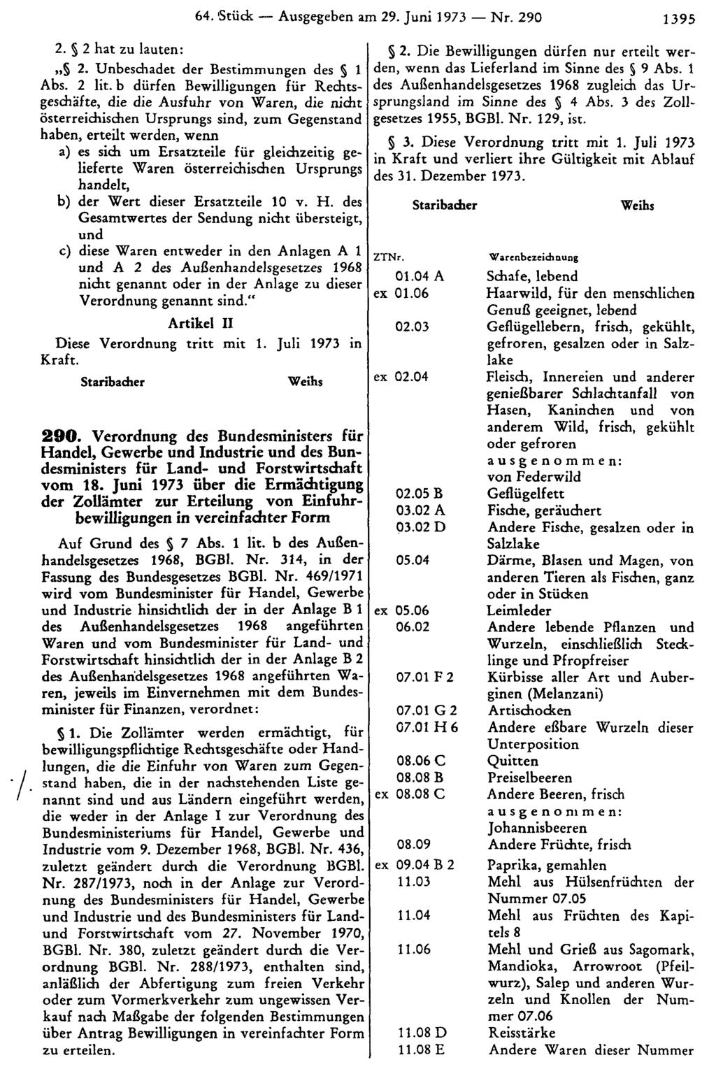 64. Stück Ausgegeben am 29. Juni 1973 Nr. 290 1395 2. 2 hat zu lauten: 2. Unbeschadet der Bestimmungen des 1 Abs. 2 lit.