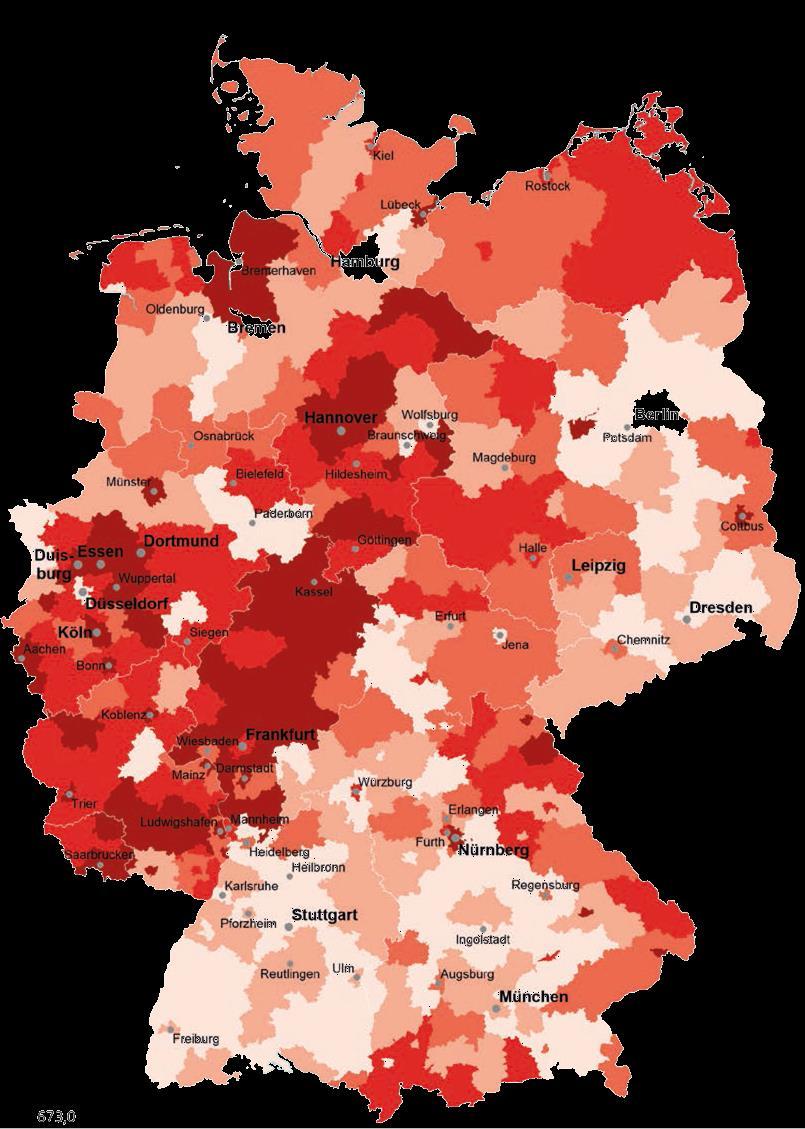 Ungleiches Deutschland Teilbereich Öffentliche Finanzen Karte 11 Kommunale Schulden je Einwohner_in in EUR; Kreise und kreisfreie Städte, 2012 bis unter 673,0 673,0-1.042,7 1.042,7-1.497,0 1.497,0-2.