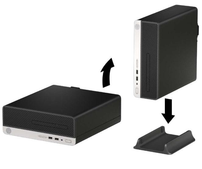 Wechseln von der Desktop- zur Turmkonfiguration Der Small Form Factor-PC kann mit einem optionalen Tower-Standfuß, der bei HP erhältlich ist, als Tower- System verwendet werden. 1.