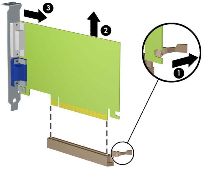 b. Um eine PCI-Express-x1-Karte zu entfernen, halten Sie die Karte an beiden Ecken fest und bewegen Sie sie vorsichtig hin und her, bis sich die Anschlüsse vom Steckplatz lösen.