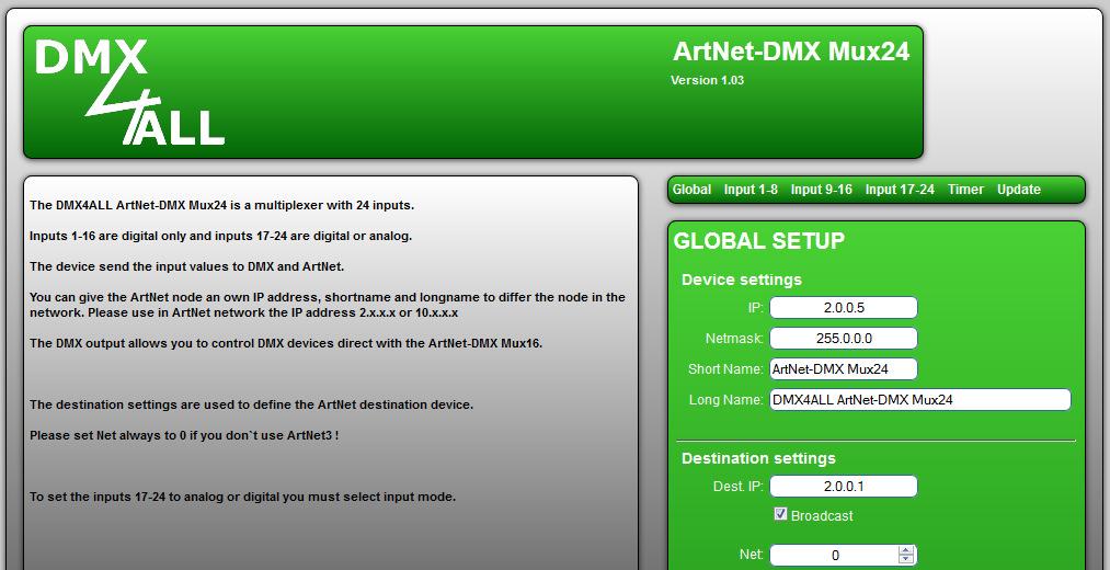 ArtNet-DMX Mux24 5 Rufen Sie in Ihrem Webbrowser in der Adressleiste die IP 2.0.