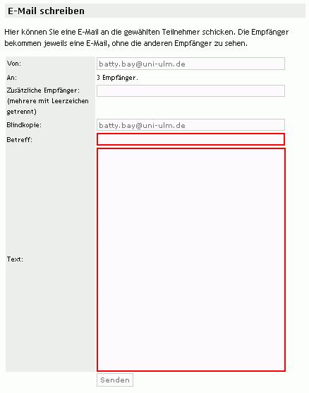 6. Mit dem Anklicken von Senden am unteren Rand der Form, verschicken Sie die E-Mail. Falls das Verschicken geklappt hat, bekommen Sie eine Nachricht über den Erfolg des Versendens. Beachten Sie: a.