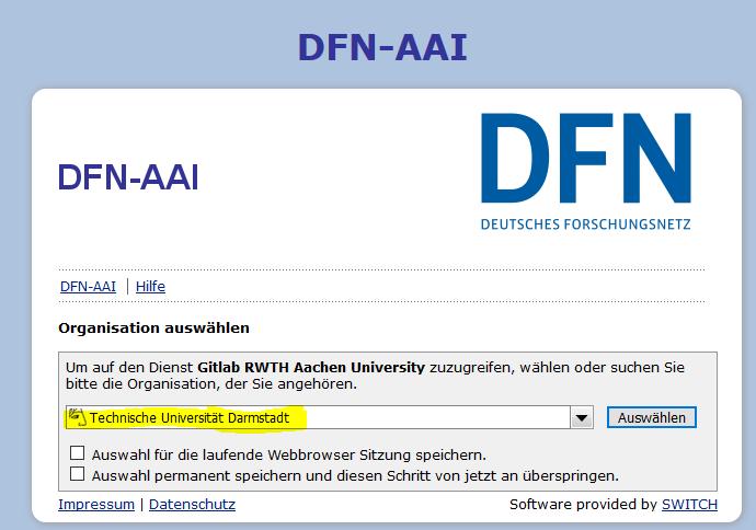 4 Erstanmeldung in GitLab an der RWTH Aachen Rufen Sie die Web-Seite https://git.rwth-aachen.de/ auf und wählen Sie zum Einloggen (Sign In) Shibboleth aus: Sie kommen zur DFN-AAI-Anmeldeseite.