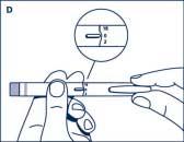 3 Einstellen der Dosis Setzen Sie die Verschlusskappe wieder so auf den Injektor, dass die Ziffer 0 gegenüber der Dosiermarke steht (Abbildung D) Kontrollieren Sie, ob der Druckknopf ganz