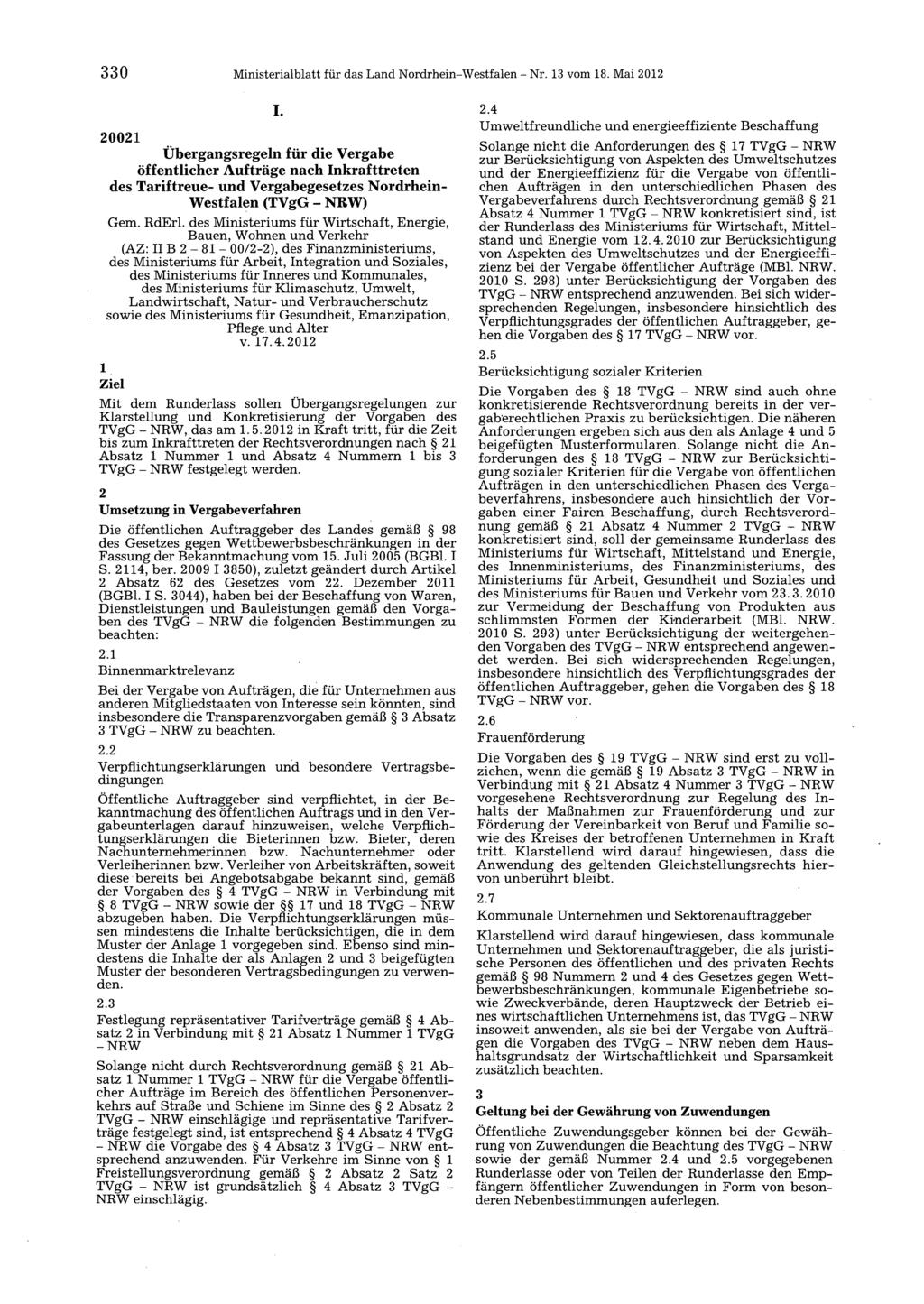 330 Ministerialblatt für das Land Nordrhein-Westfalen - Nr. 13 vom 18. Mai 2012 I.