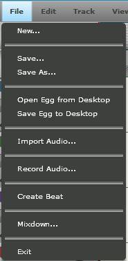 Sie können eine Audio-Datei durch Klicken auf Import Audio (1) importieren. Mit Mixdown (2) können Sie Ihre bearbeitete Audio-Datei herunterladen und mit Save oder Save as (3) die Datei speichern.