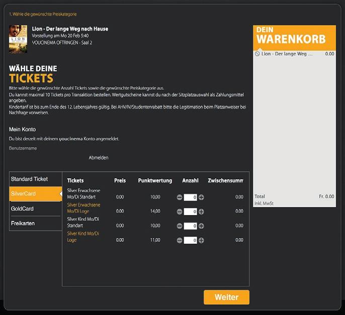04 SilverCard/GoldCard: Tickets online kaufen Schritt 5 Wähle die SilverCard X7 aus falls du Silver Member bist oder GoldCard falls du