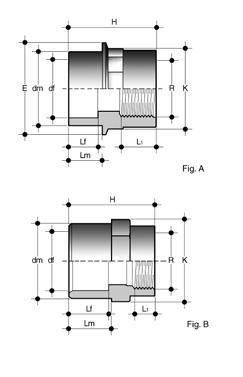 PV-U Übergangsfittings.09. Übergangsmuffennippel Übergangsmuffennippel, PV-U, mit Klebemuffe bzw. -stutzen/gewinemuffe geeignet nur für Kunststoffgewine nschluss: Klebemuffe bzw.