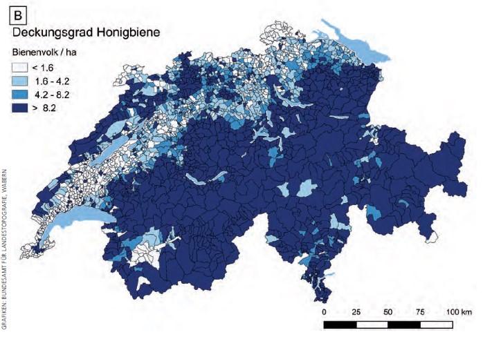 Bienenhaltung in der Schweiz Deckungsgrad der Honigbienen für die bestäubungsabhängigen Kulturen: Deckungsgrad (Anzahl Bienenvölker pro ha