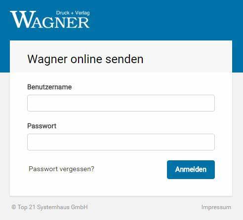 1 Programmstart Starten Sie den Browser und gehen auf unsere Internetseite www.wagneronlinesenden.de 1.1 Anmelden Bei der Eingabe des Passwortes muss die Groß- und Kleinschreibung beachtet werden.