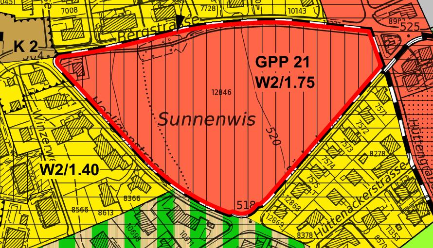 Sunnenwis Zonenplan: Einzonung in Wohnzone W2/1.75 (mässig störende Betriebe zulässig) mit öffentlicher Gestaltungsplanpflicht BZO: Ergänzung Art.