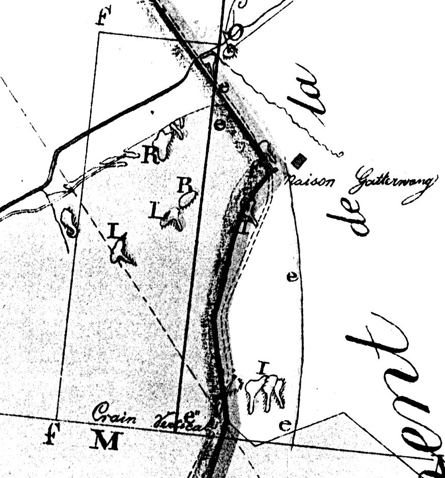 Dies entspricht einem Teil des Westfeldes 1 der heutigen Grube Ensdorf. Darstellung des alten Bergbaus an der Oberfläche. Der Ausschnitt aus der Karte von TRANCHOT u.