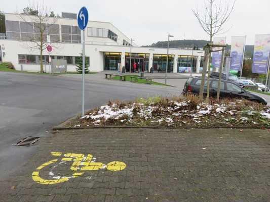 Der Stellplatz / die Stellplätze für Menschen mit Behinderung ist / sind gekennzeichnet. Stellplatzbreite: 350 cm. Stellplatzlänge: 503 cm.