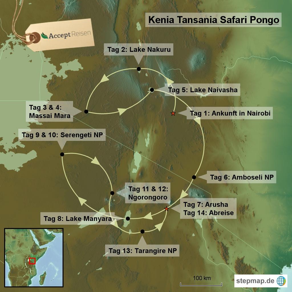 Diese vierzehntägige Kenia Tansania Safari führt Sie zunächst zu den berühmtesten Schutzgebieten in Kenia, in den Lake Nakuru Nationalpark, die Massai Mara und den Amboseli Nationalpark.