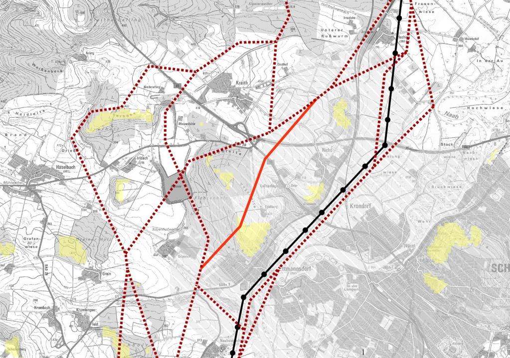 1.3 Westvariante Ettmannsdorf über Egidiberg Abbildung 3 Westvariante Ettmannsdorf über Egidiberg Ersatzneubau, rote Linie: ausgeschlossene Westvariante Ettmannsdorf über Egidiberg, gelbe Fläche: