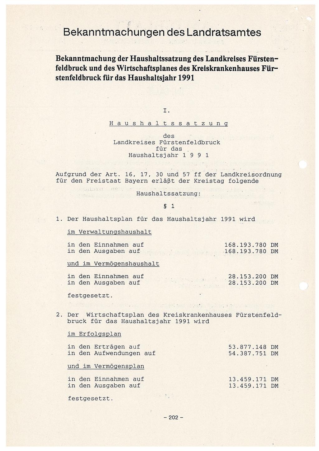 Bekanntmachungen des Landratsamtes Bekanntmachung der Haushaltssatzung des Landkreises Fürstenfeldbruck und des Wirtschaftsplanes des Kreiskrankenhauses Fürstenfeldbruck für das Haushaltsjahr 1991 i.
