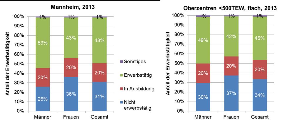 Abbildung 3-2): So ging im Jahr 2013 etwas mehr als die Hälfte der männlichen Personen Mannheims einer Erwerbstätigkeit nach.