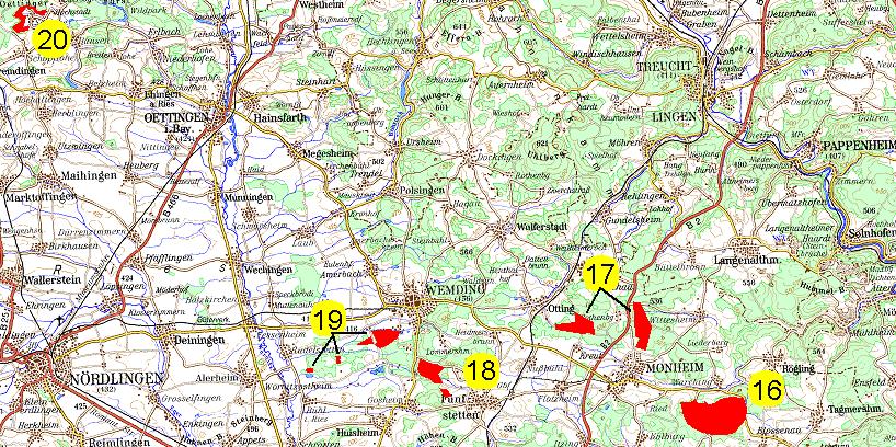 Abb. 1: Übersicht über die Lage der 20 Untersuchungsgebiete im Landkreis Donau-Ries.