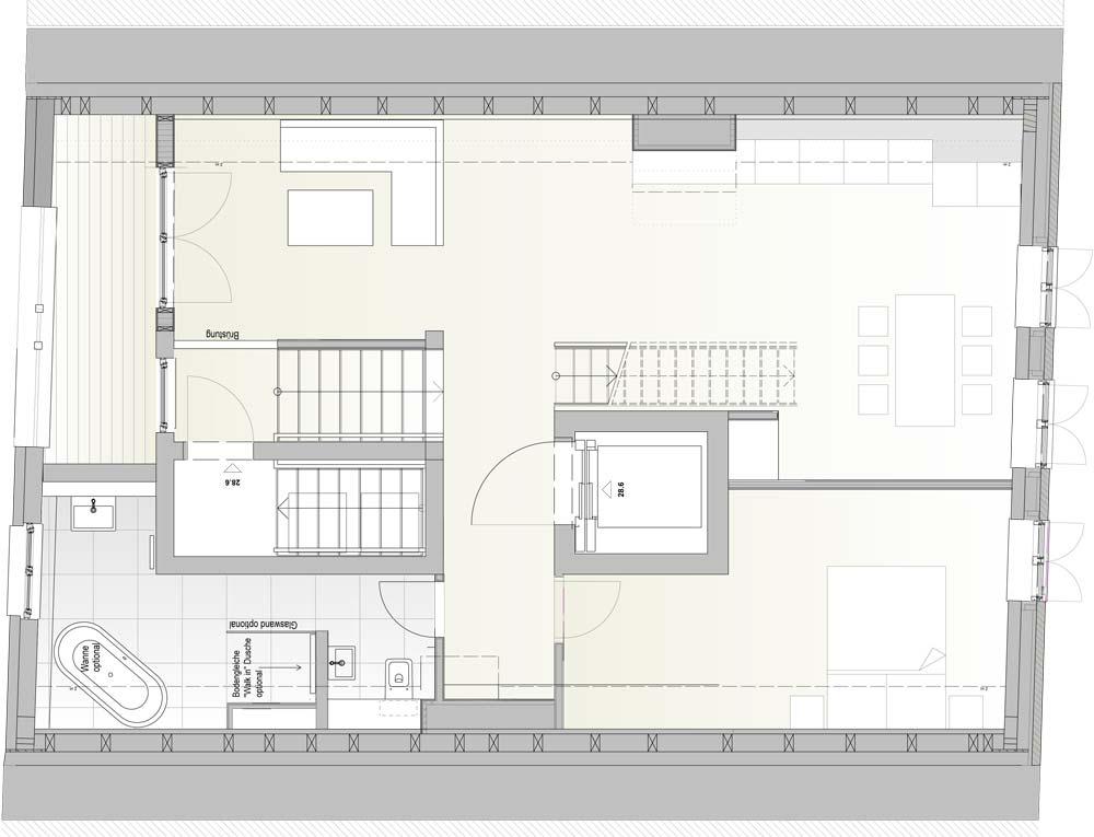 untere Etage: Wohn- und Esszimmer mit offener Küche und Loggia,