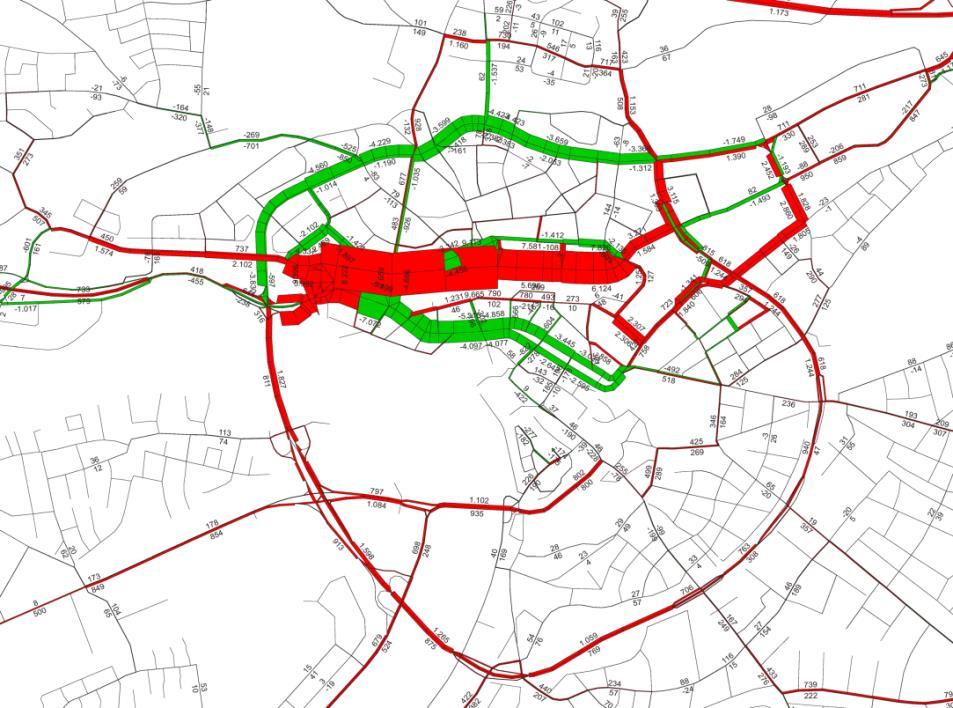 Abbildung 17: Entlastungswirkung des Nordrings entsprechend Konzeptvariante: Verkehrsbelastung Kfz/Tag (DTV), Differenzbelastung 38 In den grün gekennzeichneten Straßenabschnitten können
