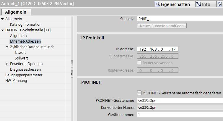 PROFINET IP-Adresse und PROFINET-Gerätename einstellen 3. Öffnen Sie das Register Eigenschaften.. Öffnen Sie das Menü PROFINET- Schnittstelle [X] - > Ethernet- Adressen. 3. Stellen Sie die IP- Adresse im Abschnitt IP- Protokoll ein (im Beispiel 9.