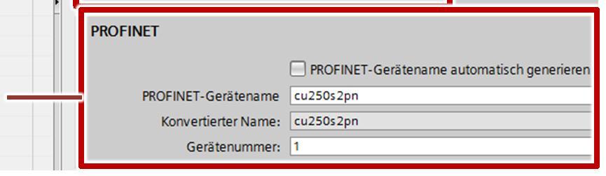 Sie ändern den PROFINET- Gerätenamen indirekt, indem Sie den Namen des betreffenden Antriebes in den Allgemein-Eigenschaften ändern: Gerätekonfiguration -> Eigenschaften -> Allgemein -> Name.
