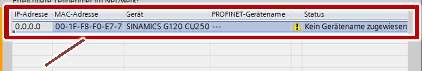 . Wählen Sie aus der oberen Dropdown List den projektierten PROFINET- Gerätenamen des Antriebs aus (im Beispiel cu50spn ).