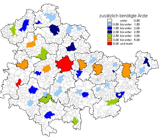 Um die räumliche Verteilung der zusätzlich benötigten Ärzte im Versorgungsbereich der Augenärzte für alle Gemeinden in Thüringen zu veranschaulichen, ist die folgende kartografische Abbildung 29 zur