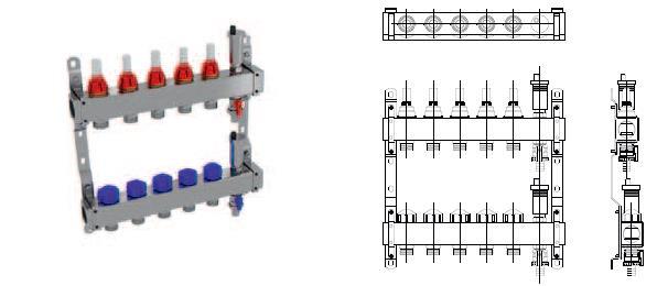 Messingverteiler für Fussbodenheizung mit Durchflussanzeige und Thermostatventile Edelstahlverteiler für Fussbodenheizung mit Durchflussanzeige und Thermostatventile, und mit automatischen