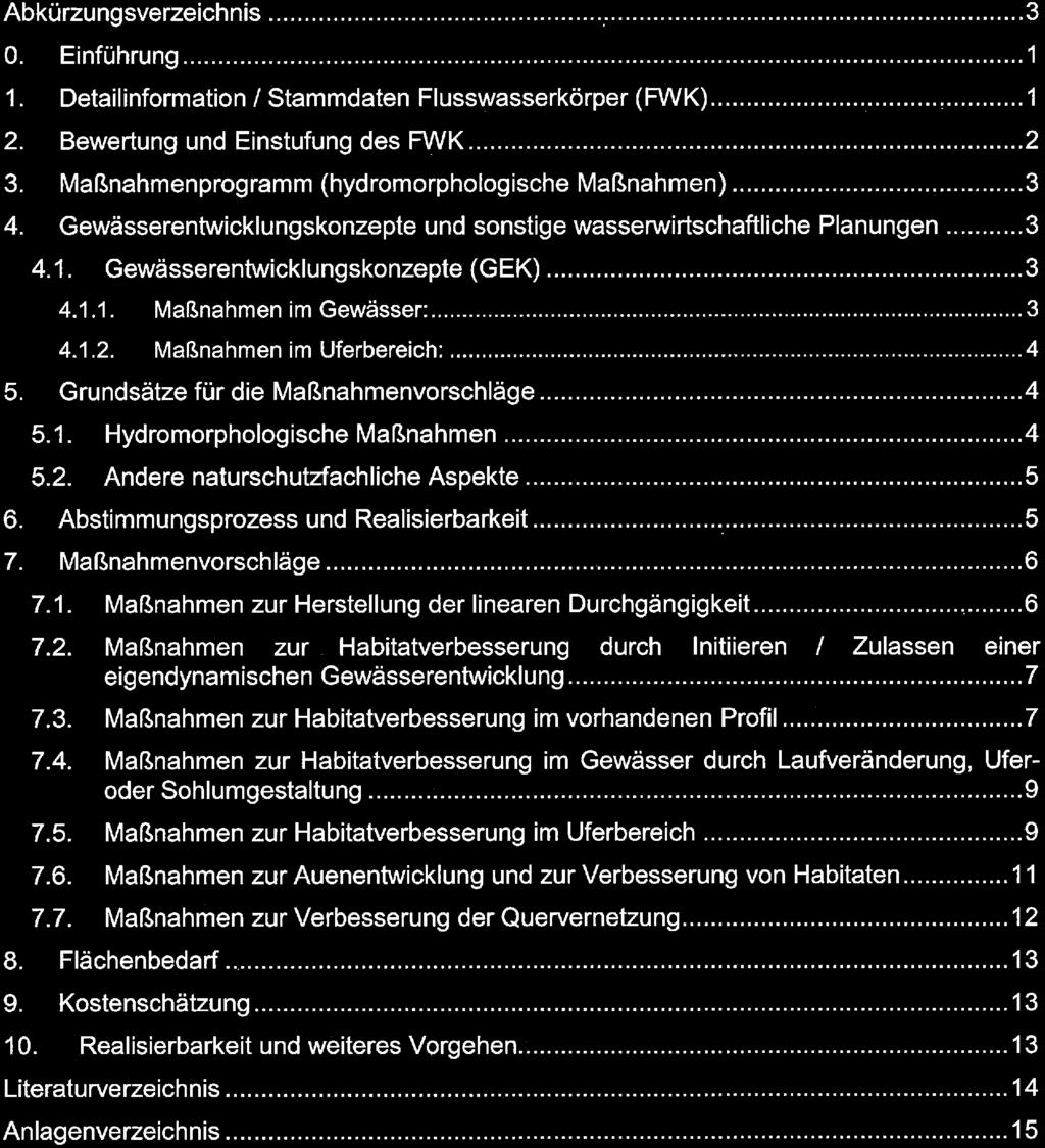 Inhaltsverzeichnis Abkürzungsverzeichnis...3 0. Einführung... 1 1. Detailinformation / Stammdaten Flusswasserkörper(R/VK)... 1 2. Bewertung und Einstufung des R/VK...2 3.