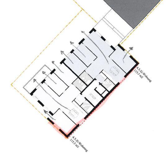 Basler & Hofmann Gestaltungsplan Pünt Egg 13 Abb. 10 Regelgeschoss B2; rote Bereiche: IGW-Überschreitungen an Fassade _ Bei den übrigen Bauten liegen die Belastungen an allen Fassaden unter dem IGW.