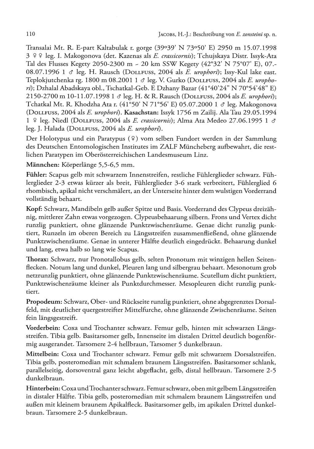 110 J a c o b s, H.-J.: Beschreibung von E. zonsteini sp. n. Transalai M t. R. E-part Kaltabulak r. gorge (39 39' N 73 50' E) 2950 m 15.07.1998 3 9 9 leg. I. Makogonova (det. Kazenas als E.