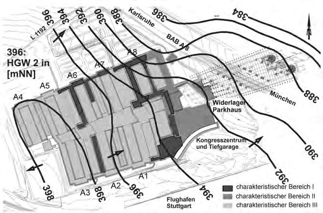 Abb. 5: Lageplan der Inneren Messe mit Grundwassergleichen HGW 2 und charakteristischen Eingriffsbereichen Die charakteristischen Bereiche waren dabei wie folgt definiert (siehe auch Rilling &