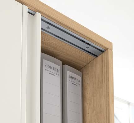 In the modern version of the traditional fi ling cabinets, guide rails that are exclusively mounted on the top panel allow the doors to open and close in an ultra-smooth gliding motion.