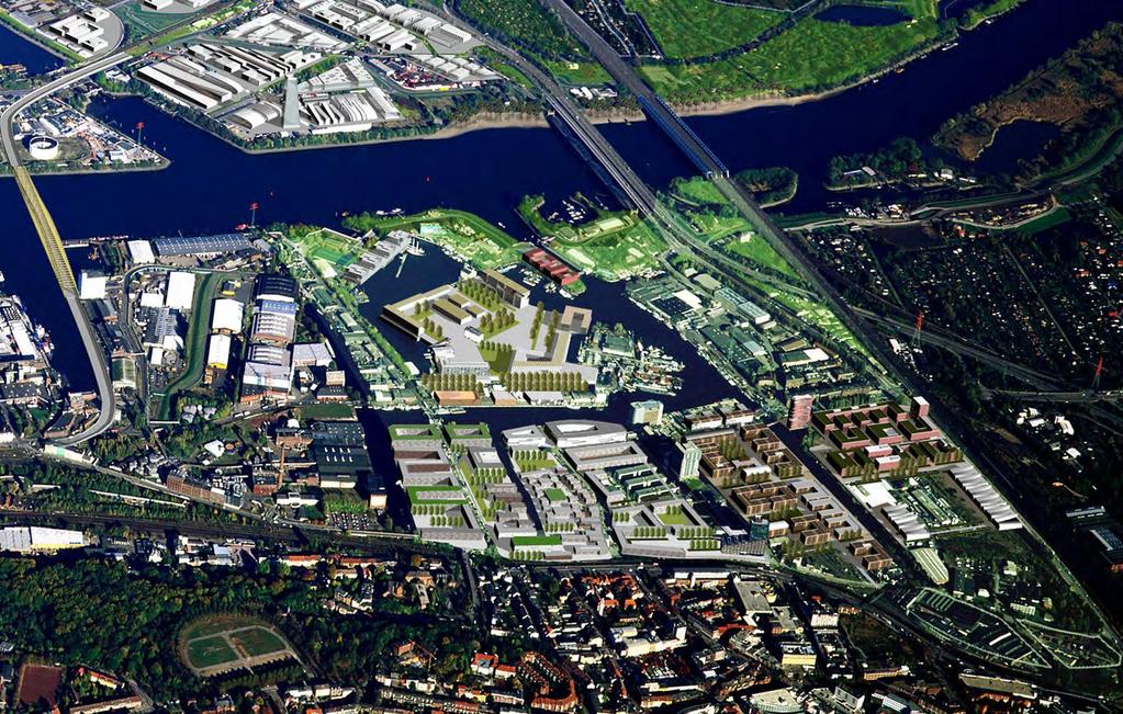 Klassische Konversion: Harburger Binnenhafen 120 ha" 160 Firmen mit ca. 6.000 Beschäftigten sind bereits ansässig" Weitere Planungen:" Hafencampus mit " 11.