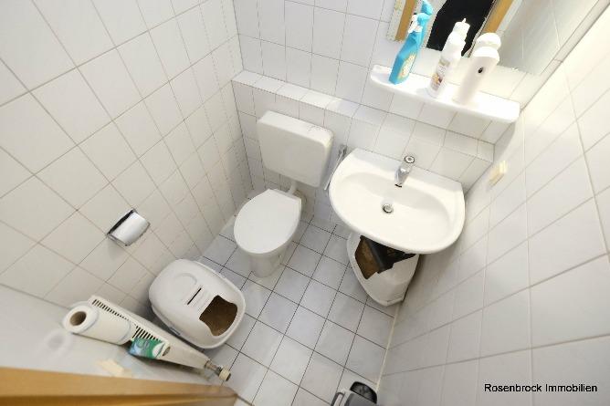 Gäste-WC und Badezimmer sind beide vollständig in Weiß gefliest, die Sanitärobjekte sind von guter, ordentlicher Qualität lage installiert.