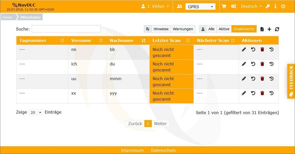 7. Mitarbeiteroptionen Die deaktivierten Mitarbeiter werden in der normalen Ansicht ausgefiltert.