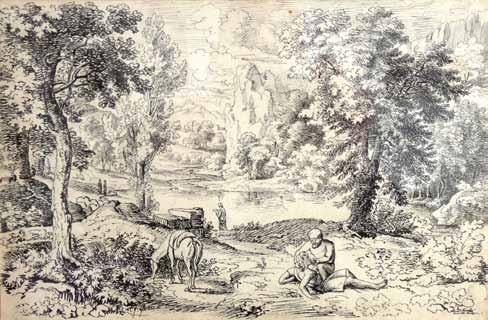 unbekannter Künstler Gaspard Poussin (1615 Rom - 1675) zugeschrieben Flusslandschaft mit gutem Samariter Tuschfederzeichnung in Schwarz auf Papier, ca. 22x34 cm Namensbezeichnung in Sepia (event.