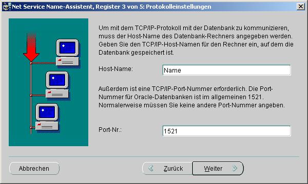 Tragen Sie in der folgenden Maske den Host-Namen (oder die IP-Adresse) des Datenbankservers (Referenz 2) und