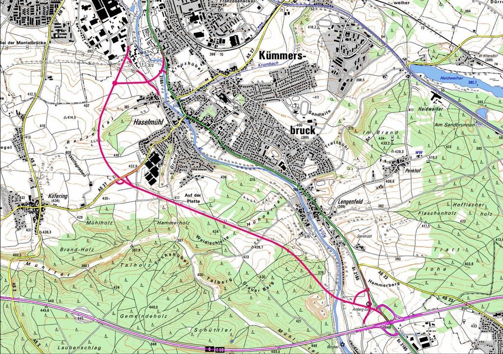 St 2165, Ortsumgehung Kümmersbruck Amberg AS 27 AS 2 Kümmersbruck AS 27 Verkehrsbelastung: knapp über 17.000 Kfz/24h innerorts Baulänge: ca.