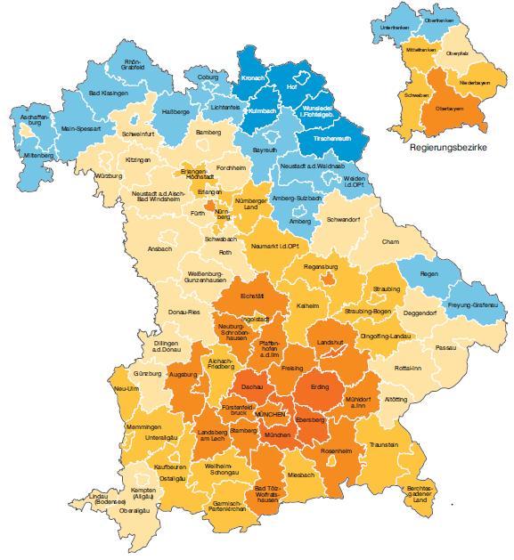 Die bayerische Einwohnerzahl wird sich bis 2036 differenziert, doch im Durchschnitt positiv, entwickeln Bayern: + 4,2 % Größte Abnahme: Lkr Wunsiedel - 15,3 % Größte Zunahme: Lkr Dachau + 15,5 %