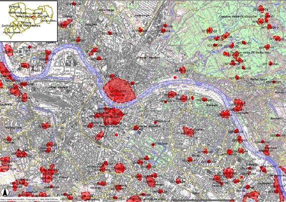 Detail des Altstadtkerns. Die wichtigsten Fundstellen sind in roter Farbe markiert Auszug aus dem GIS des Landesamtes für Archäologie.