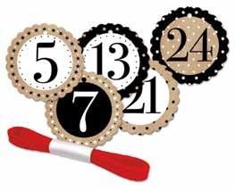 Anhänger-Set Numbers, rund Hangtag set Numbers, rund / Set pendentifs Numbers, rund 24 Anhänger, Karton, Ø 5 cm, rotes Satin-Band (12 m x 3 mm),