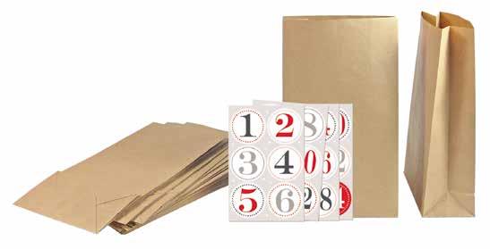 Adventskalender-Set Kraftpapier Advent calendar set Kraft paper / Set de sachets calendrier de l Avent Papier kraft 24 Tüten, Kraftpapier, 12 x 21 x 6 cm, 70 g/m 2, 24 Sticker, VE: 5 Sets,